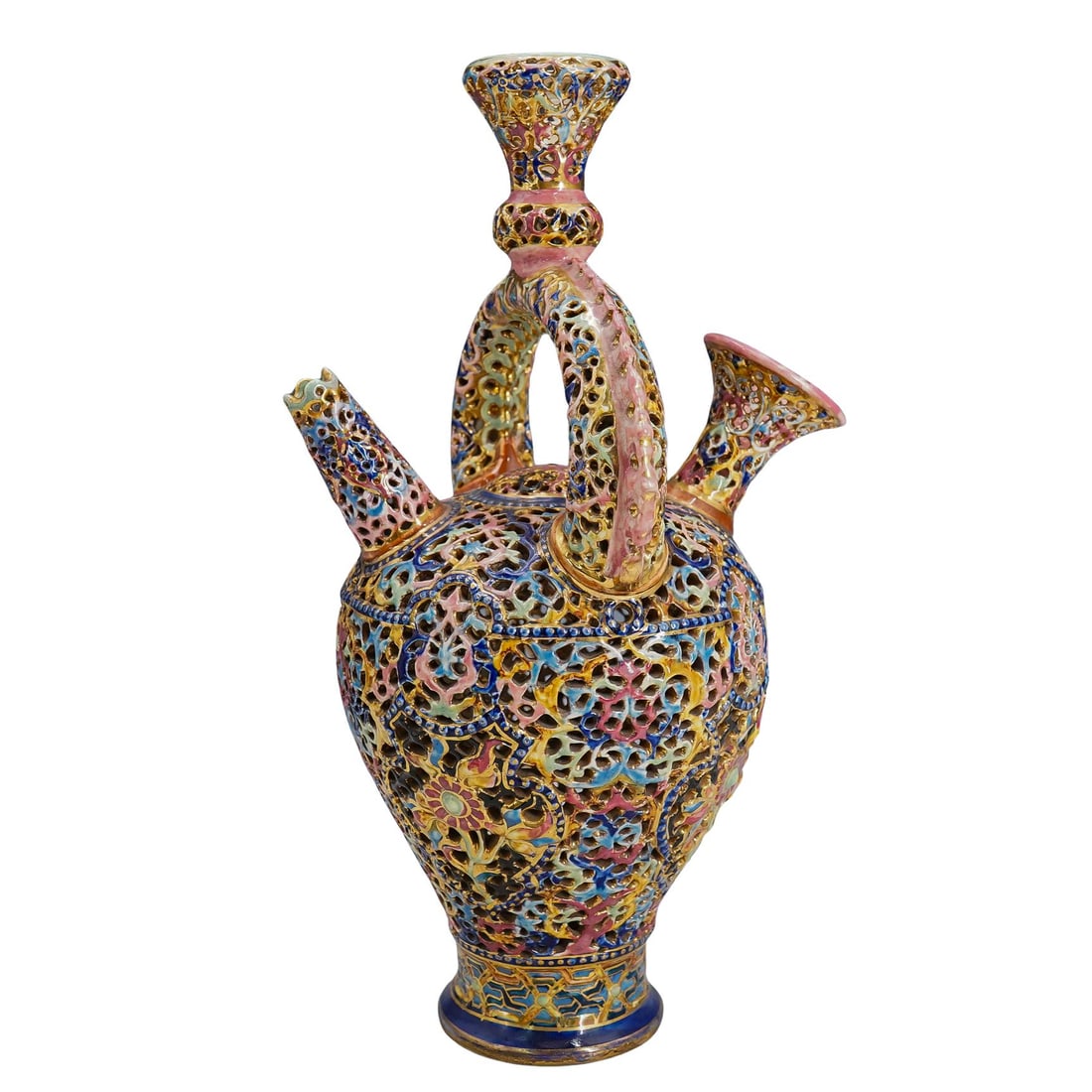 Ignac Fischer Majolica Reticulated Two Spout Ceramic Vessel (1 of 5)