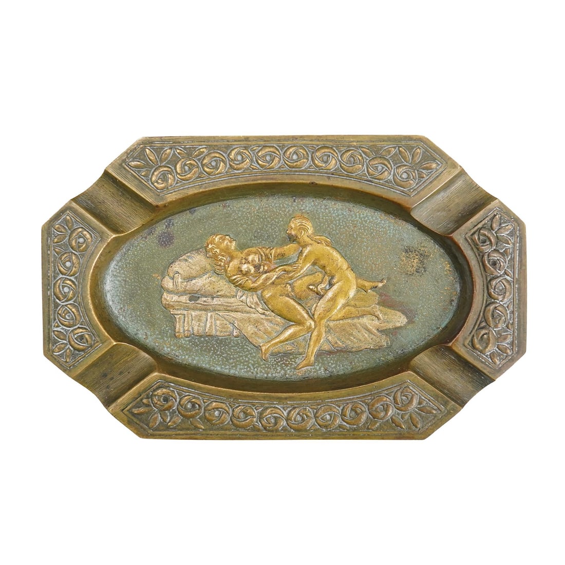 Antique French Bronze Erotic Ashtray: DESCRIPTION: Antique French gilt bronze ashtray, depicting an erotic scene in low relief and repousse roses along the trim. CIRCA: Early 20th Century ORIGIN: France DIMENSIONS: H: 0.25" W: 3" L: 5" CO