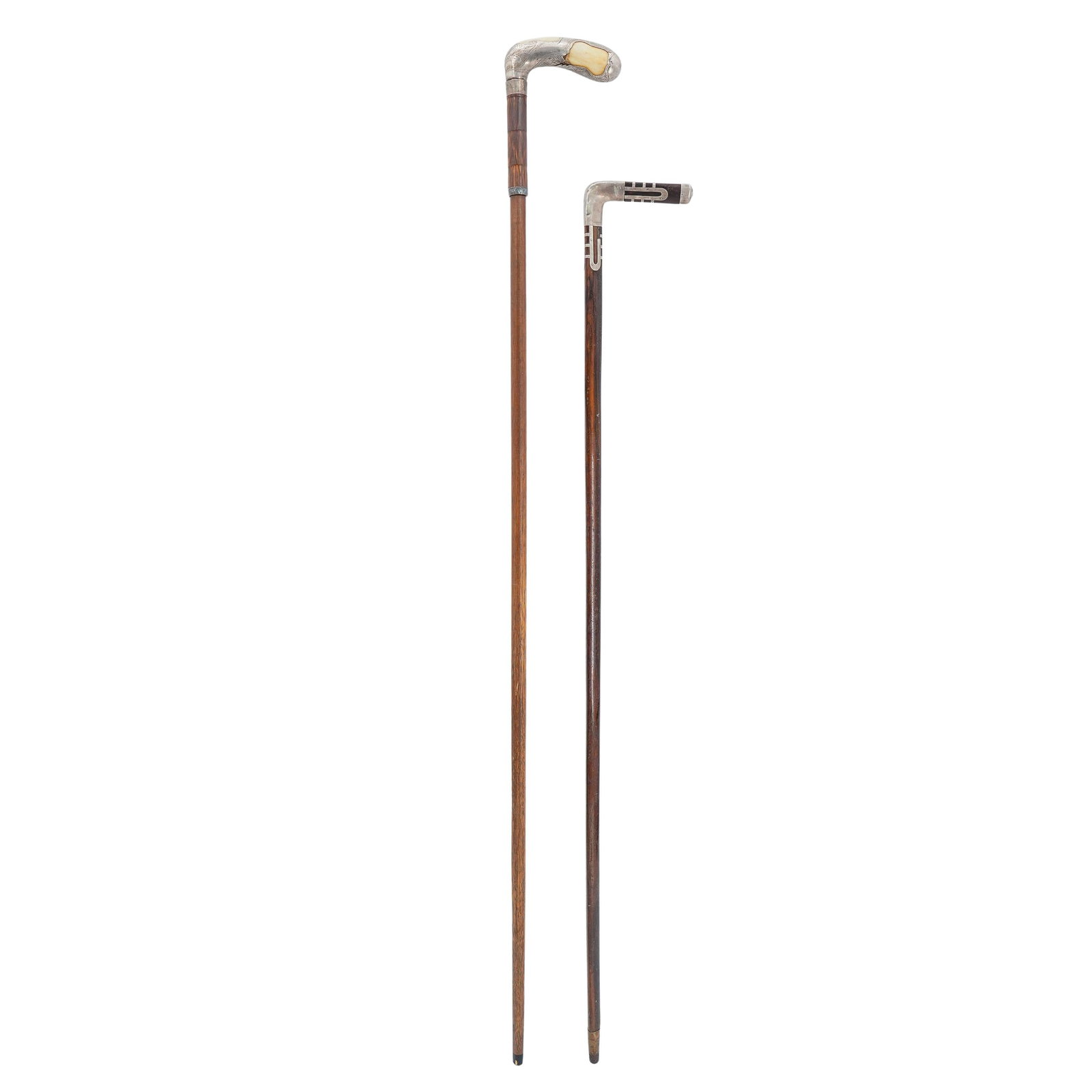 (2 Pc) Antique Sterling Silver, Wood, and Bone Canes: DESCRIPTION: Two antique canes, one featuring wooden shaft with sterling silver accented handle, with etched script monogram "ADB" and hallmarked H: 35.75" The other featuring a wooden shaft with etch