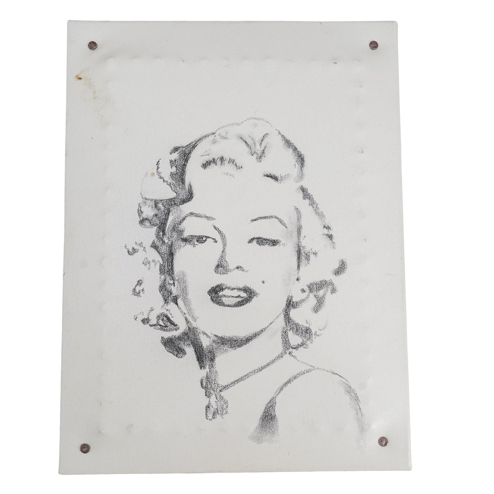 Stenciled Marilyn Monroe Portrait: DESCRIPTION: Stenciled portrait on canvas depicting Marilyn Monroe. CIRCA: Late 20th - early 21st century ORIGIN: - DIMENSIONS: H: 16" W: 12" Depth: 4" CONDITION: Some residue at upper left. Unless ot