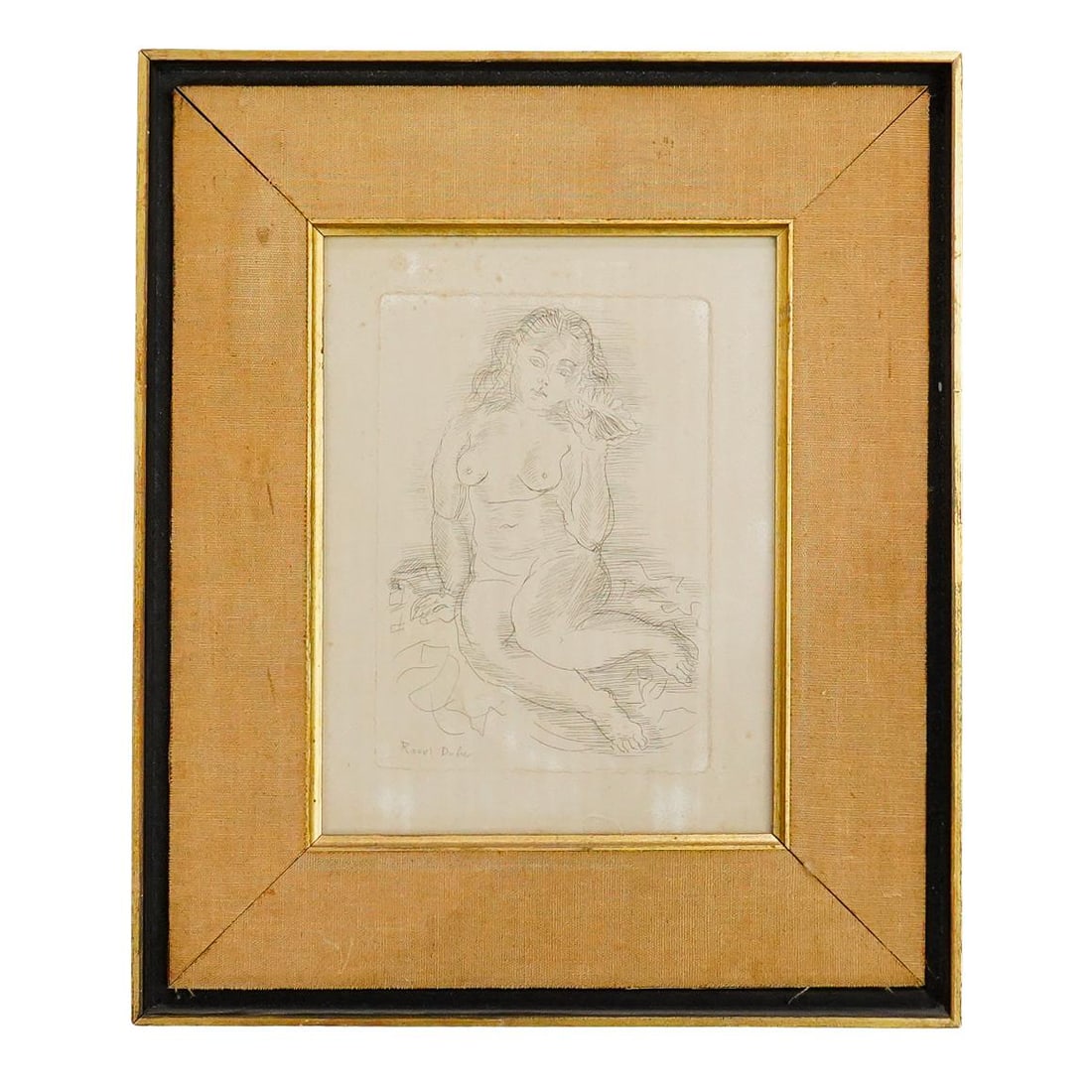 Raoul Dufy (French 1877) 'Amphitrite Nude' Etching: DESCRIPTION: Raoul Dufy (French 1877-1953) 'Amphitrite Nude' etching. Depicts a seated female nude figure. Raoul Dufy signature lower left bottom. Framed CIRCA: 1930 ORIGIN: France DIMENSIONS: H: 15 1