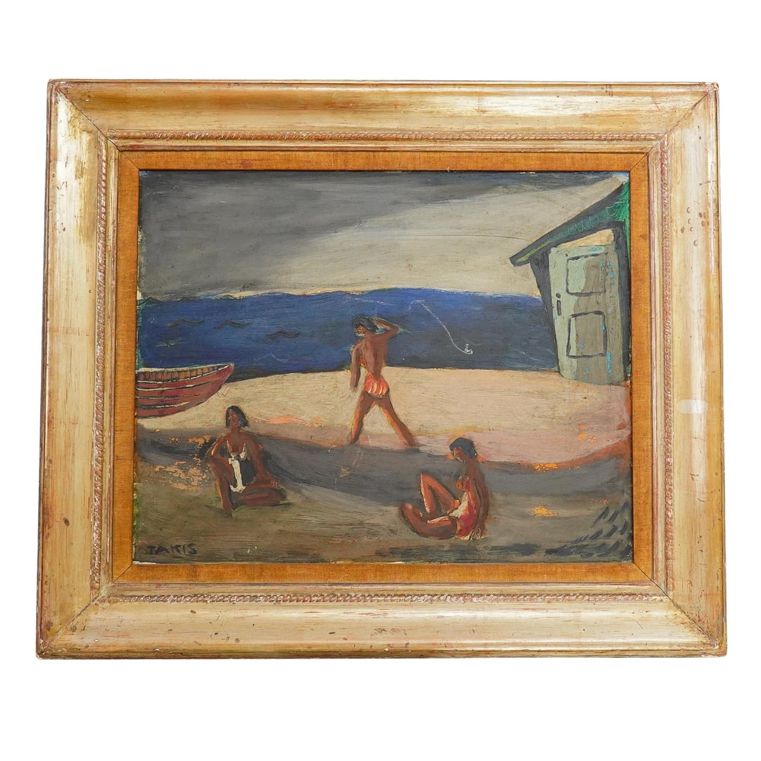 Nicholas Takis (1903) 'Beach Scene' Oil On Board: DESCRIPTION: Nicholas Takis (American, 1903) oil on board depicting a beach scene with three figures, a house and a boat. Signed 'Takis' on the lower left bottom corner. Framed. Nicholas Takis (Americ