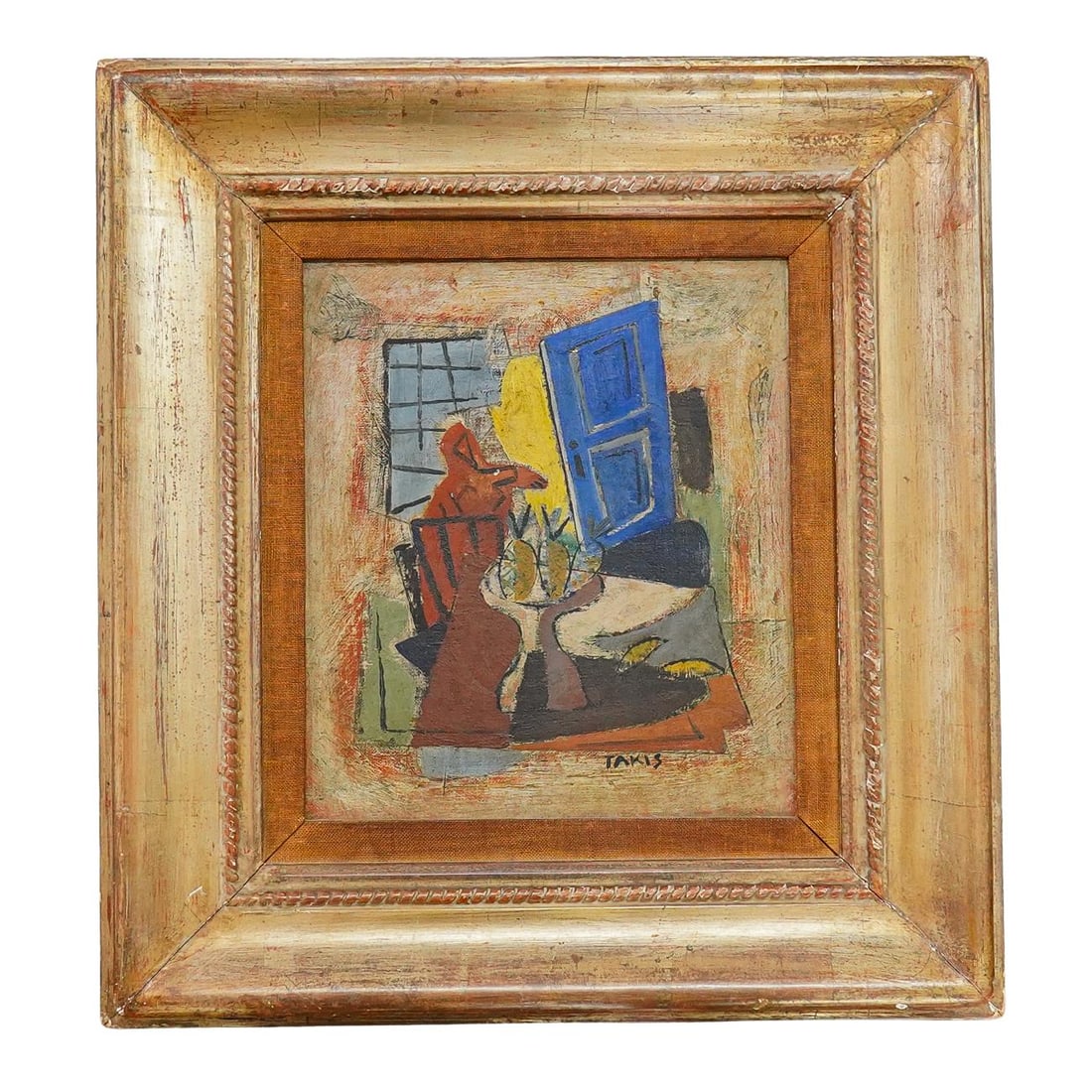 Nicholas Takis (1903) 'Cubist Still Life' Oil On Board: DESCRIPTION: Nicholas Takis (American, 1903) oil on board depicting a 'Cubist Still Life' composition. Signed 'Takis' on the lower right bottom corner. Framed. Nicholas Takis (American, 1903) was born