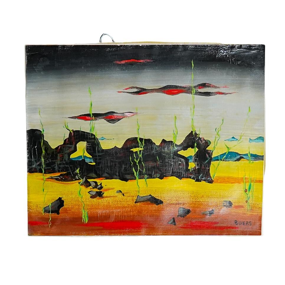 Frans Henri Boers (Netherlands, 1904-1982) Surrealist Landscape Oil on Paper Painting (1 of 5)