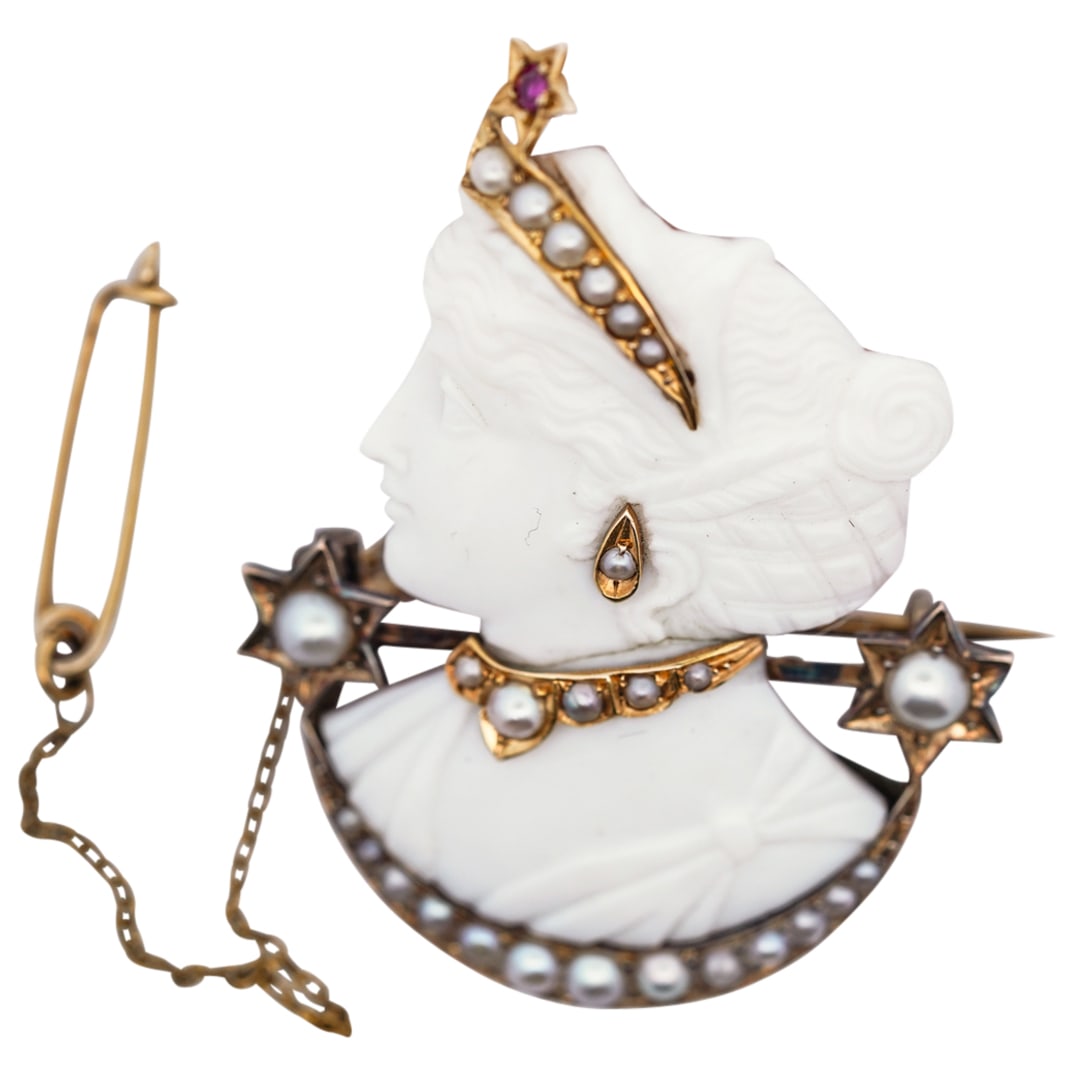 Victorian Sterling Silver Carved Shell Cameo with Sea Pearls & Ruby (1 of 5)