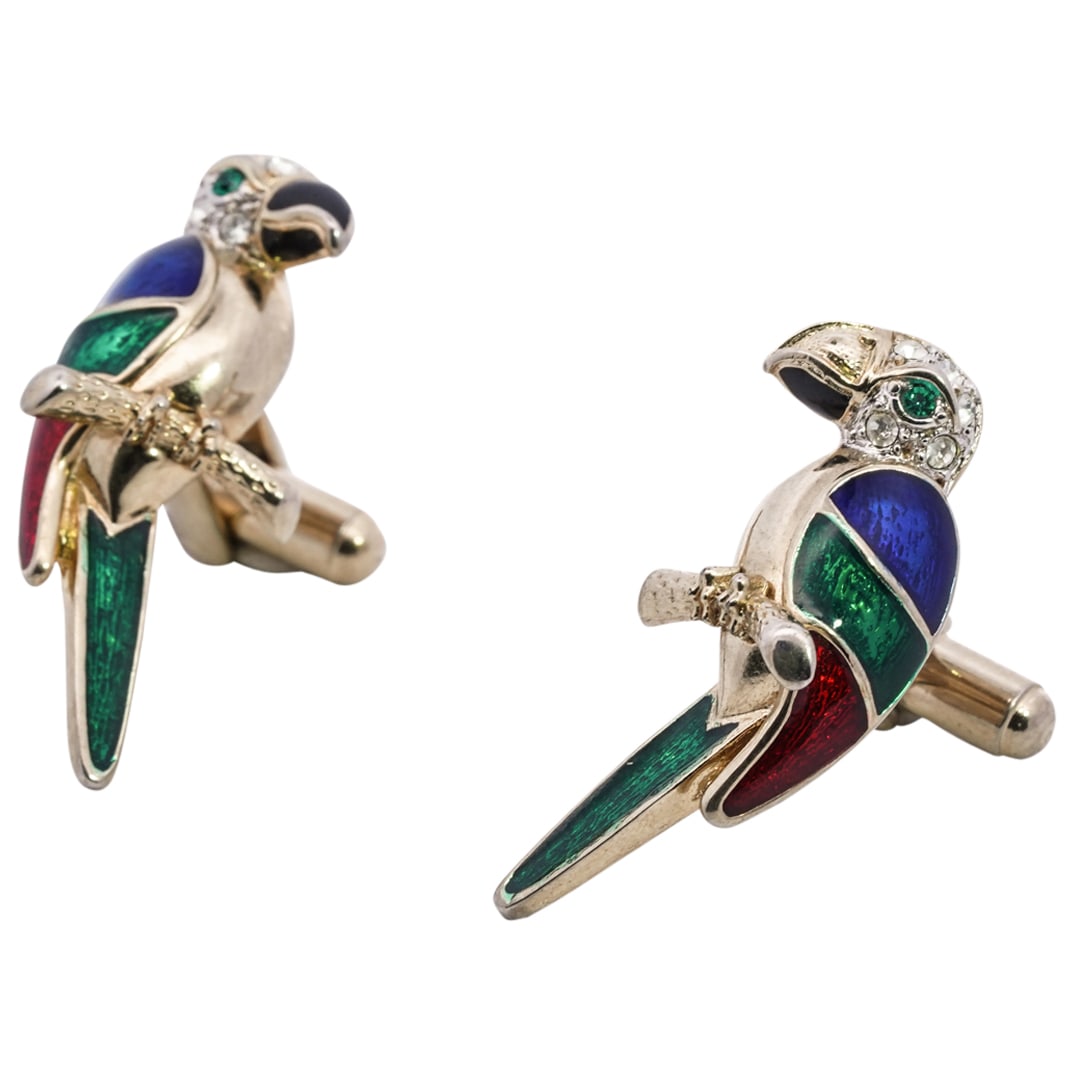 (2 Pc) Vintage Gilt Metal & Enamel Parrot Cufflinks (1 of 4)