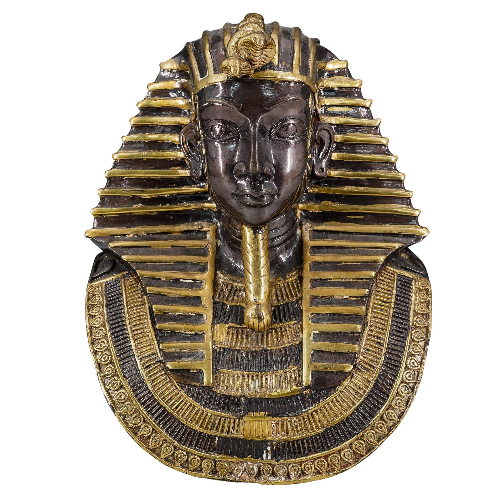 Metal Pharaoh Bust: DESCRIPTION: Metal bust depicting an ancient Egyptian pharaoh, his headdress ornamented with two snakes. CIRCA: - ORIGIN: - DIMENSIONS: H: 12" W: 10.25" Depth: 8" CONDITION: Some rubbing wear. Unless 