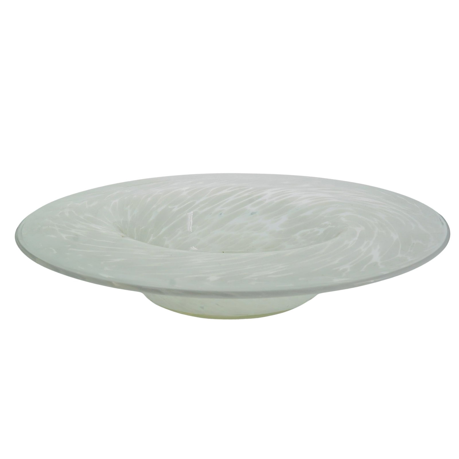 Murano Hand Blown Glass Swirl Centerpiece: DESCRIPTION: Murano hand blown glass centerpiece bowl, with speckled white swirl design. CIRCA: Mid Century ORIGIN: Italy DIMENSIONS: H: 3" D: 15" CONDITION: Good condition Unless otherwise stated, al