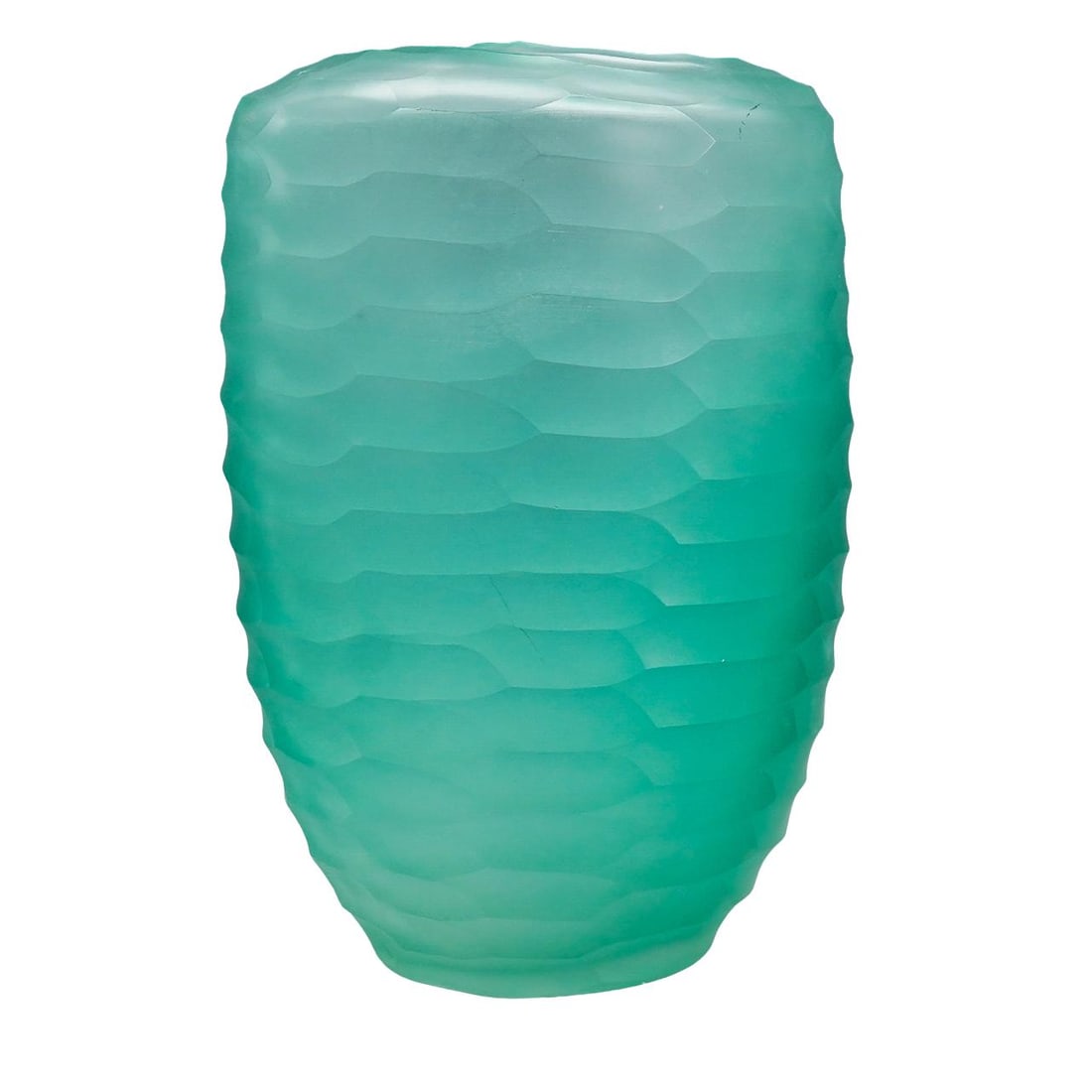 Murano Faceted Smoky Sage Green Glass Vase: DESCRIPTION: Murano smoky sage green glass vase, featuring faceted design throughout. CIRCA: Mid Century ORIGIN: Italy DIMENSIONS: H: 9.5" W: 5.25" L: 6.5" CONDITION: Good condition Unless otherwise s