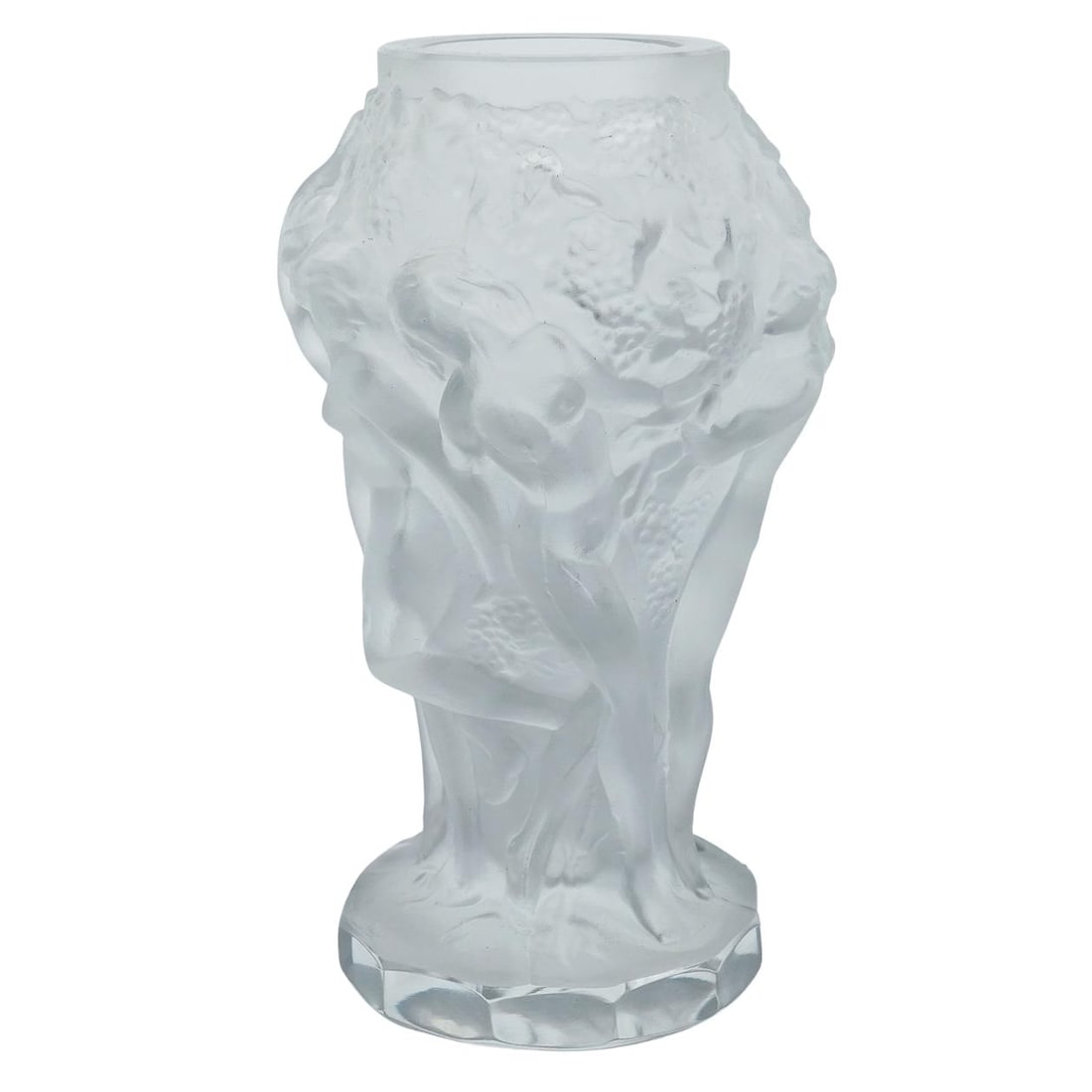 Czech Small Bacchantes Art Glass Vase: DESCRIPTION: Czech small 'Bacchantes' art glass vase, in clear frosted glass with a figural procession scene in semi relief depicting nude bacchantes, around grapevines. CIRCA: Early- mid 20th Century