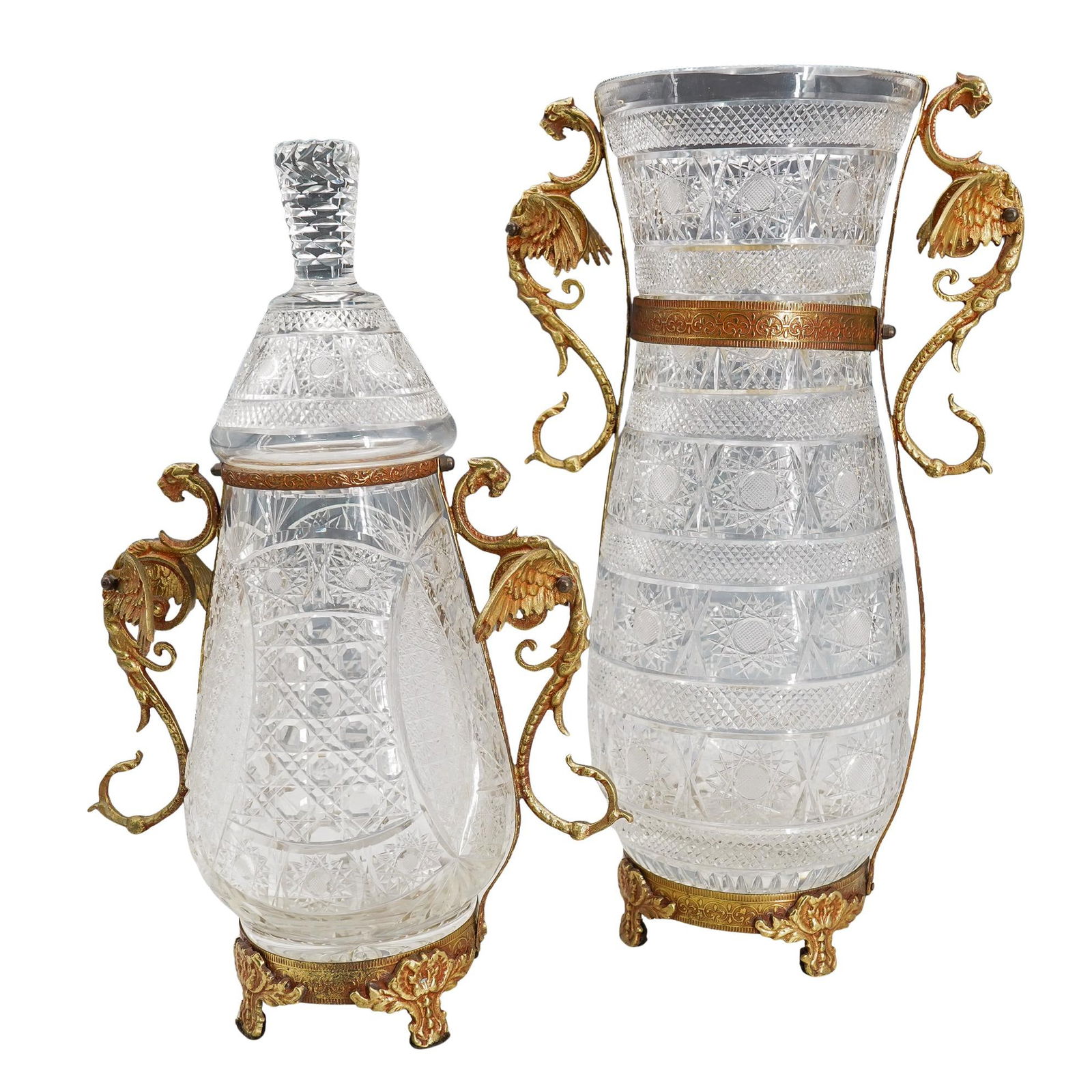 (2 Pc) Bronze Mounted Brilliant Cut Glass Vase & Jar (1 of 10)