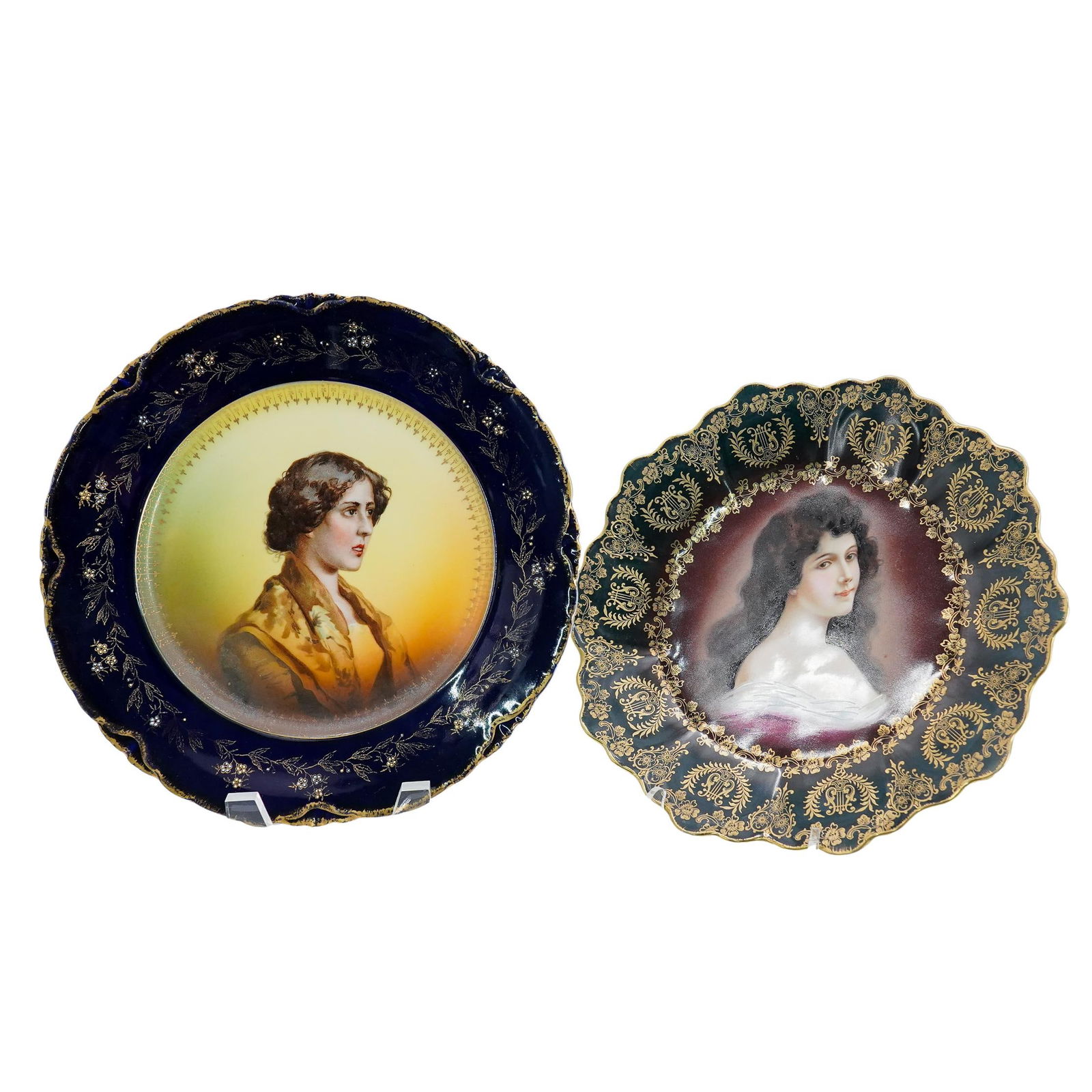 (2 Pc) Antique Hand Painted Portrait Porcelain Plates (1 of 10)