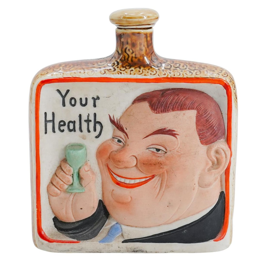 Vintage German Schafer & Vater Bisque Porcelain Flask Bottle: DESCRIPTION: Vintage German bisque porcelain flask bottle made by Schafer & Vater. With glazed brown lateral sides and back, and the front decorated with an unglazed motif depicting a man holding a gl
