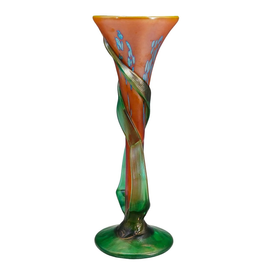 Czech Bohemia Signed Trumpet Art Glass Footed Vase: DESCRIPTION: Czech Bohemia Signed Trumpet Art Glass Footed Vase. In orange, yellow and green hued glass, with a trumpet shape and swirl leaf motifs. With sticker on verso. CIRCA: 20th Century ORIGIN: 