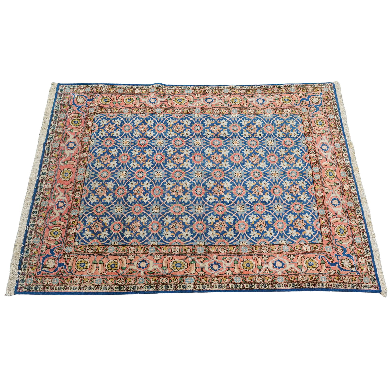 Mahal Persian Carpet: DESCRIPTION: Mahal Persian area rug composed of wool with floral decoration throughout and fringes. CIRCA: Mid 20th Cent. Possibly Older. ORIGIN: Middle East DIMENSIONS: L: 85" x W: 60" CONDITION: Fad