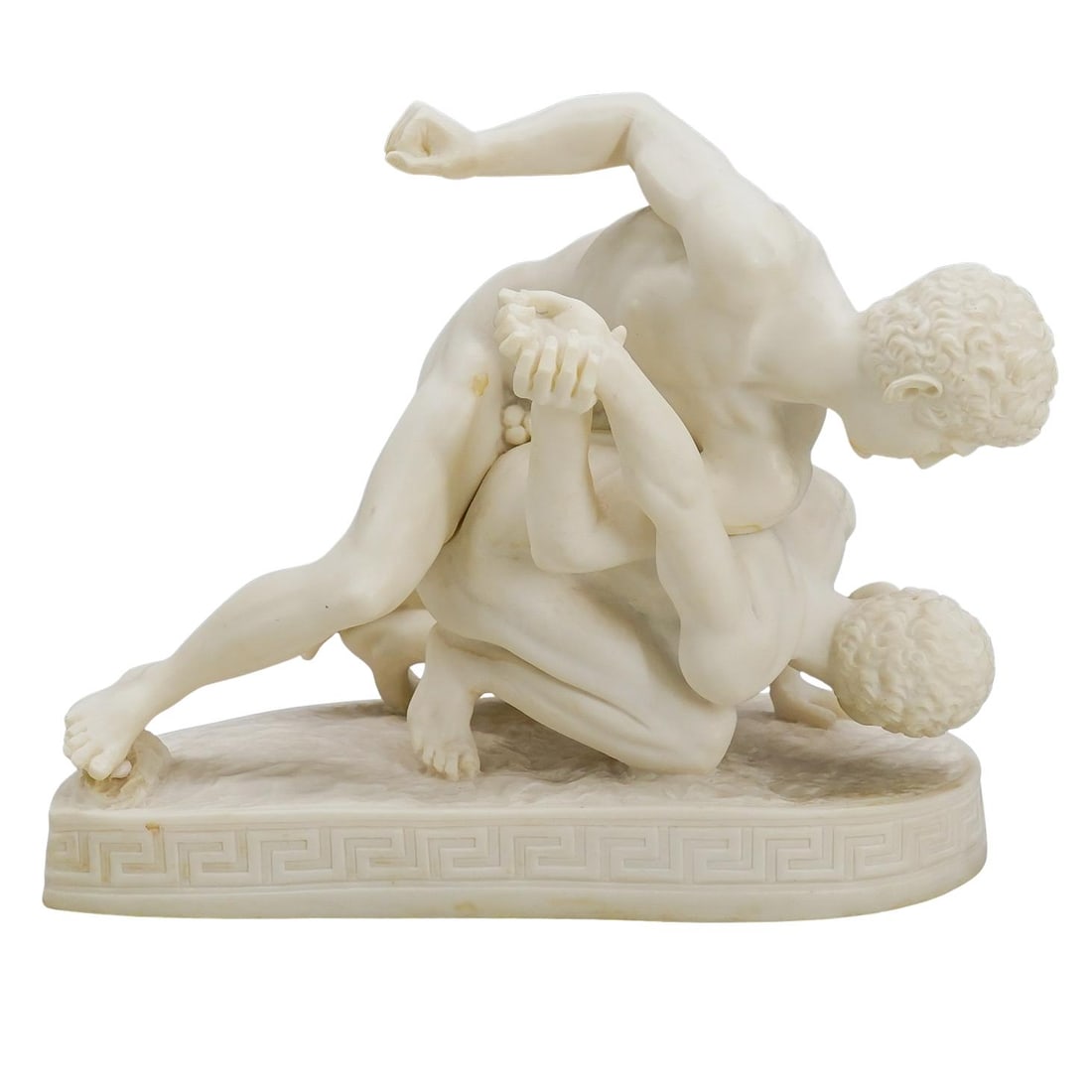 Uffizi Wrestlers Bisque Replica Sculpture: DESCRIPTION: Uffizi Wrestlers replica sculpture with Greek frieze trim at the base, in bisque. After the original Greek statue from 3rd century BC which was bronze. The only known copy is in the Uffiz