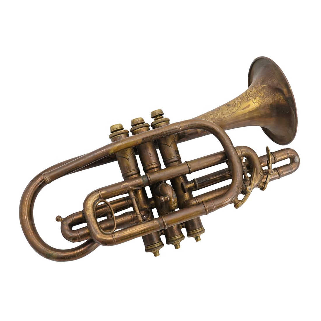 Antique Brass Cornet Trumpet: DESCRIPTION: Antique brass cornet trumpet, engraved "W.C. STEERE & CO. New Departure Worcester. Mass" along with scrollwork throughout the bell. Mother of pearl valves tops. CIRCA: Late 19th Century -