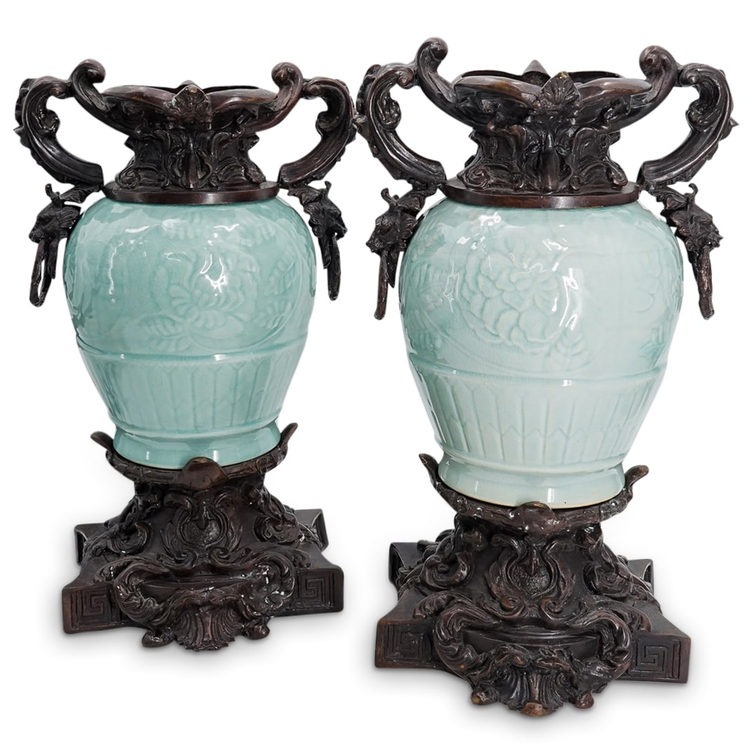Pair Maitland Smith Celadon Porcelain & Metal Urns (1 of 15)
