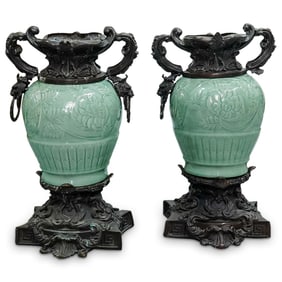 Pair Maitland Smith Celadon Porcelain & Metal Urns