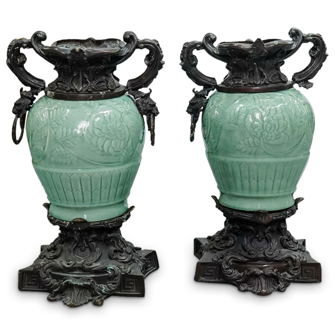 Pair Maitland Smith Celadon Porcelain & Metal Urns (1 of 10)