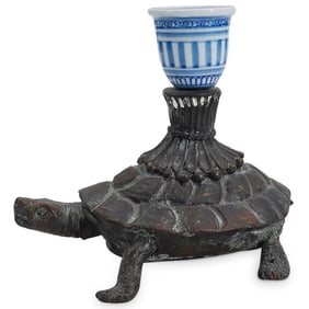 Maitland Smith Blue And White Porcelain On Bronze Turtle Candlestick