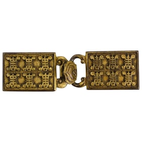 Pair Of Antique Chinese Gilt Bronze Shou Crest Buckle Clasps