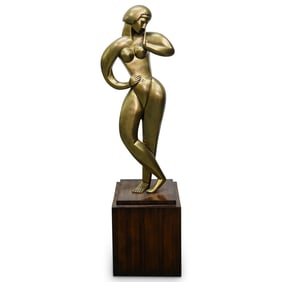 Theodore Alexander Modernist Bronze Nude Woman On Wood Pedestal
