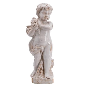 Antique Italian Majolica Glazed Ceramic Putto With Grapes