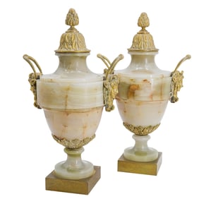 Pair Of Antique French Onyx And Bronze Urns