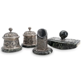 (4 Pc) Antique French Silver Tone Bronze And Marble Desk Set