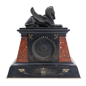 Antique Egyptian Revival Bronze, Rouge Marble, And Hard Stone Clock