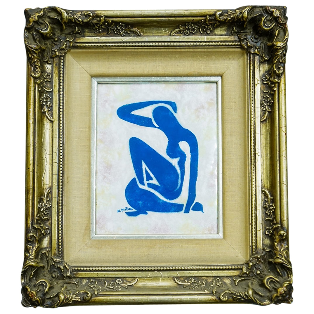 After Henri Matisse Enamel on Copper Blue Nude Painting: DESCRIPTION: Henri Matisse (French, 1869 - 1954) enamel on copper painting, depicting a blue nude woman on a light colored ground. Matted and framed in a gold wooden repousse frame. CIRCA: 20th Centur