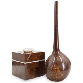 (2 Pc) Mid Century Lacquered Bottle Vase And Coconut Veneer Box