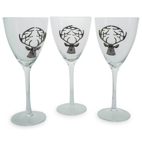 (3 Pc) Mid Century Deer Emblem Water Goblet Set