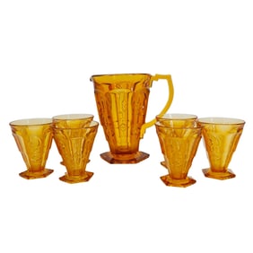 (7 Pc) MCM Glass Pitcher And Cup Set