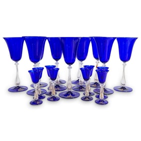 (20 Pc) Vintage Monogrammed Murano Glass Blue And Gold Flaked Cordials