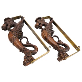 Pair Of Antique European Gothic Revival Carved Mahogany Gargoyles
