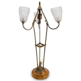 Art Deco French Bronze Table Lamp W/ Degue Glass Shades