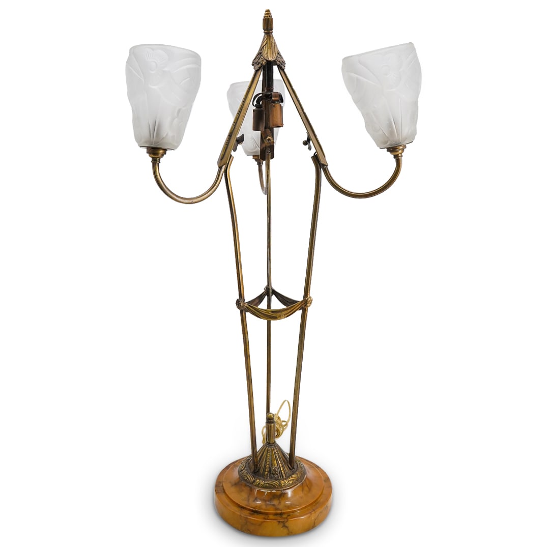 Art Deco French Bronze Table Lamp W/ Degue Glass Shades (1 of 8)