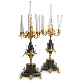 Pair Of Antique French Bronze & Slate Aesthetic Movement Table Lamps