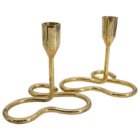 (2 Pc) Mid Century Brass Curved Candle Holders