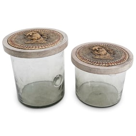 Pair Of Vintage Italian Mosaic Lidded Glass Jars