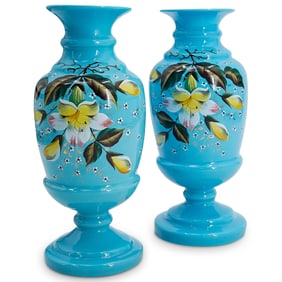 (2 Pc) 19th Cent. French Opaline Blue Glass Vases
