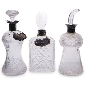 (3 Pc) American Cut Crystal Glass Silver Collared Decanters
