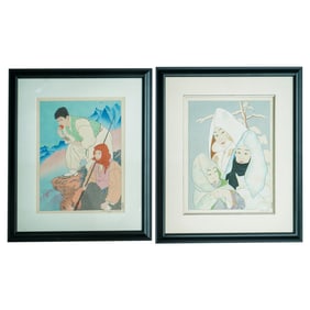 (2 Pc) Paul Jacoulet 'Bergers Des Hautes Montagnes' Woodblock Print