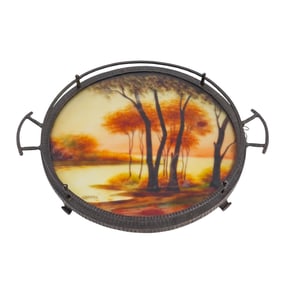 Signed Art Deco Painted Glass & Wrought Iron Tray