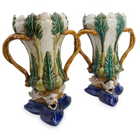 Pair Majolica Glazed Dolphin Vases