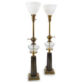 (2 Pc) Stiffel Brass & Glass Oil Reservoir Table Lamps