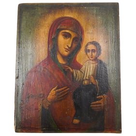 Antique Russian Orthodox Enamel Accented Madonna & Child Icon