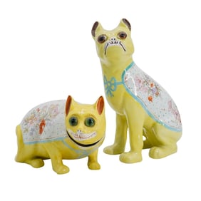 (2 Pc) Antique Yellow Porcelain Dog & Cat Figures